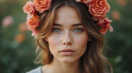 Naklejka premium Young woman with flowers around her head.