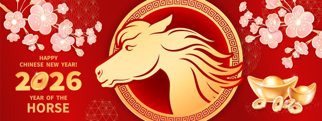 Red Fire Horse is a symbol of the 2026 Chinese New Year. Horizontal banner with realistic gold ingots Yuan Bao, coins and sakura flowers on red background. Holiday vector illustration of Zodiac Sign