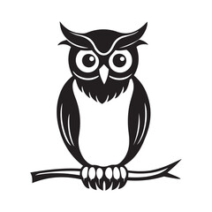   Owl perched on a branch silhouette vector art black color design and solid white background 