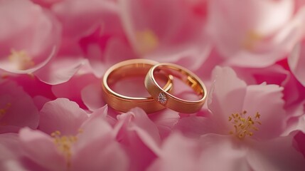 Two wedding rings resting on pink flower petals, symbolizing love and commitment.