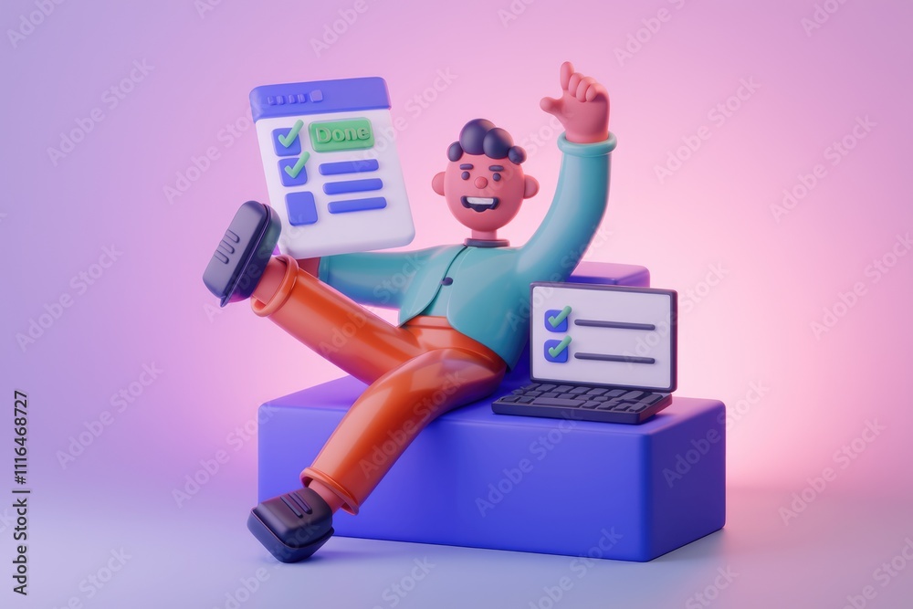 Poster 3D character completes checklist  shows productivity and achievement.