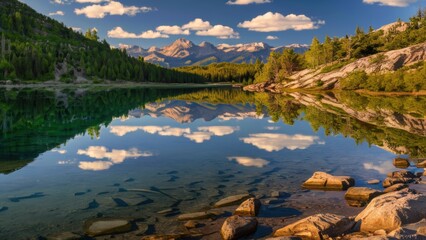 Naklejka premium A lake with crystal clear water reflecting the surrounding lush green forests and rocky terrain. There are mountains and a few trees in the distance, and a few fluffy clouds in the sky above them.