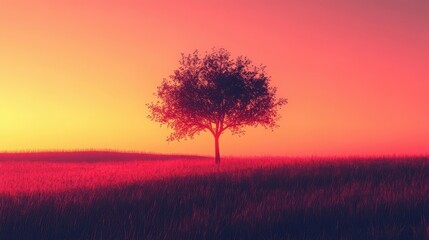 Obraz premium A solitary tree stands against a vibrant sunset, casting a serene silhouette over a grassy landscape, evoking tranquility and natural beauty.