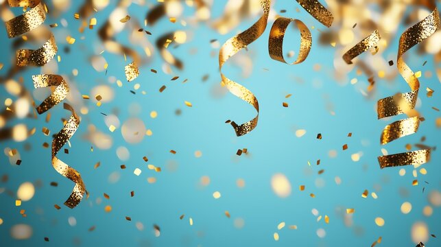 Bright golden confetti and ribbons create a festive atmosphere against a blue background.