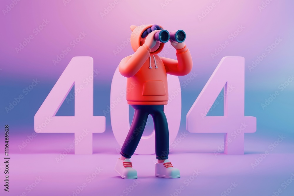 Poster A 3D cartoon character searches for a missing page using binoculars  representing a 404 error.