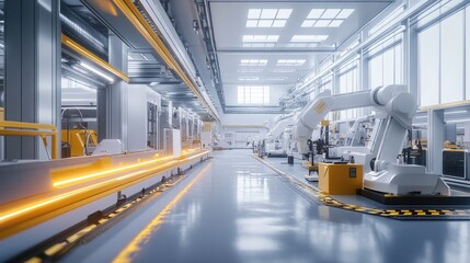 Fototapeta premium A sleek industrial lab showcasing AI-driven machinery improving manufacturing quality.