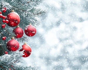 Naklejka premium Glistening red ornaments hang from a snowy evergreen branch, creating a festive and cheerful holiday atmosphere.