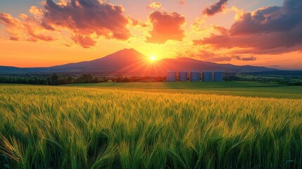 Fototapeta premium A peaceful farm landscape at sunset featuring silos and grazing animals in soft light.
