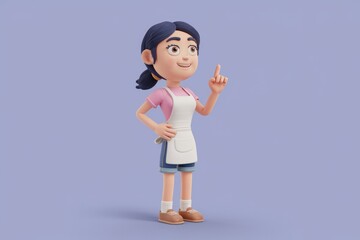 A cheerful 3D cartoon girl  wearing an apron  has an idea.