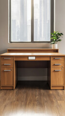 Human resources layoff concept. A modern wooden desk with drawers, set against a window, featuring natural light and a small plant for a touch of greenery.