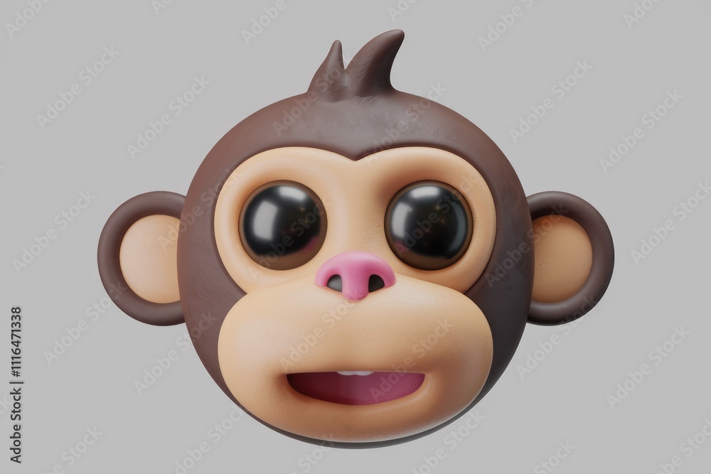 Poster adorable 3d rendered monkey face with big eyes and a playful expression.