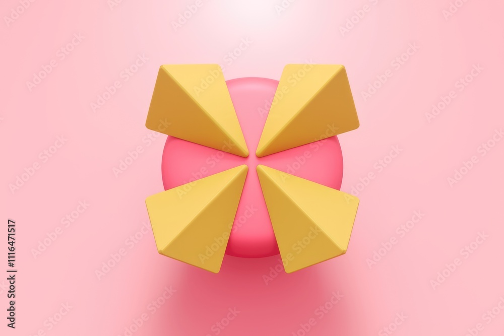 Fototapete abstract 3d render of pink circle with four yellow triangular shapes arranged symmetrically.