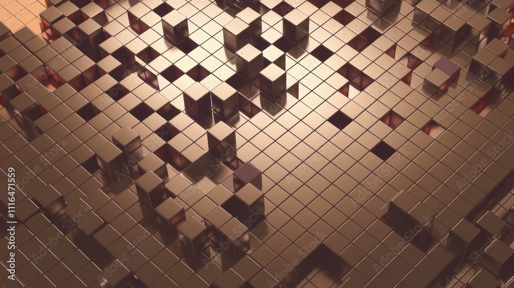 Poster Dynamic metallic grid with varying height cubes in 3D.