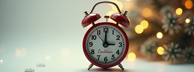 Red alarm clock showing countdown against festive background