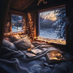 A cozy winter scene featuring a warm bed with soft blankets, fairy lights, and a view of snowy outdoors.