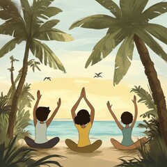 Three children practicing yoga by the beach at sunset, surrounded by palm trees.