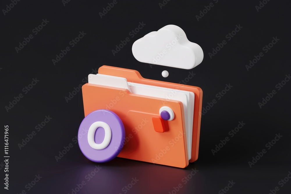 Poster 3D render of an orange folder with documents uploading to a cloud.