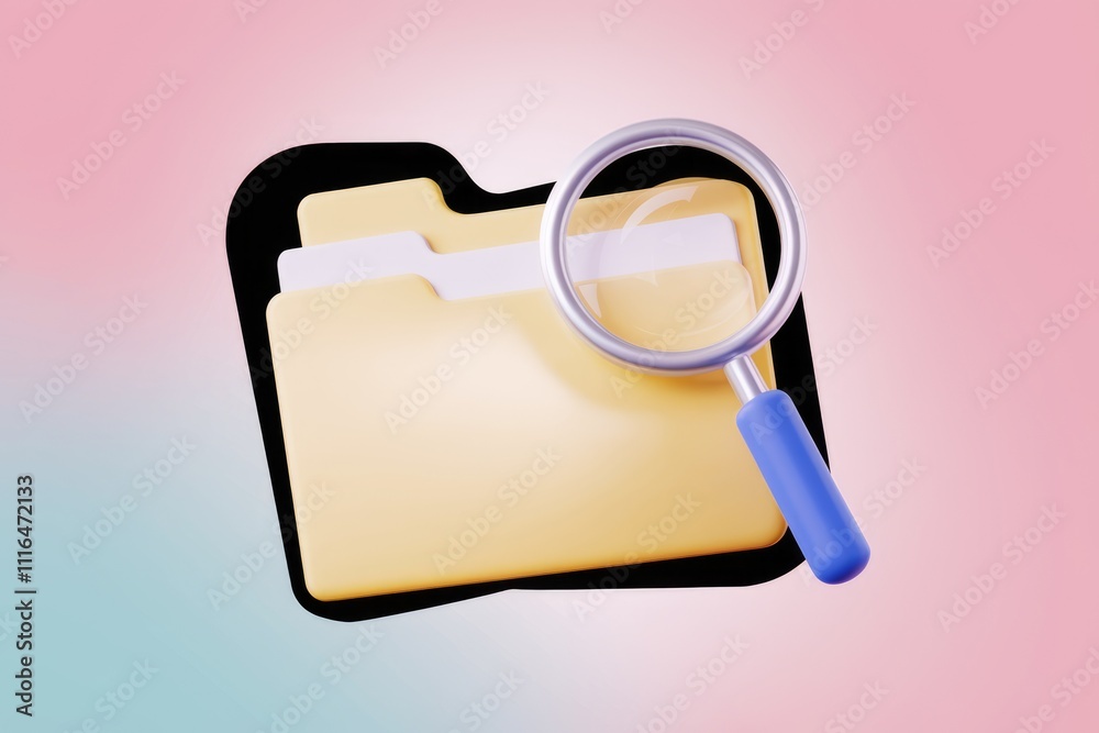 Fototapete A magnifying glass searches through a yellow folder  symbolizing file searching or data discovery.