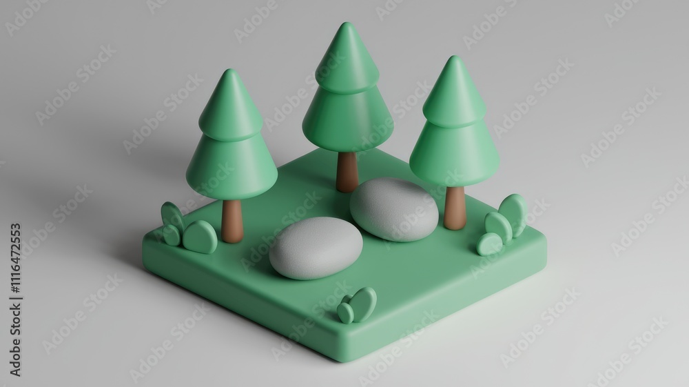 Poster minimalist 3d landscape with pine trees and rocks.