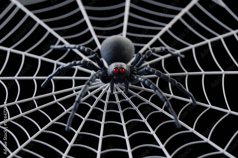 Aufkleber Black spider with red eyes in intricate web on transparent background.