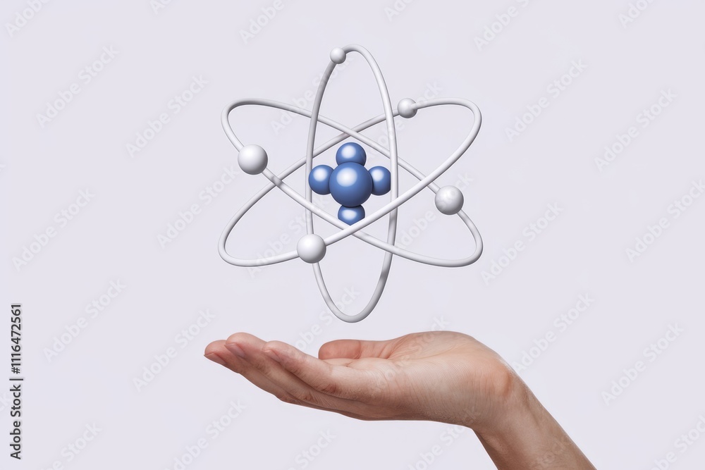 Poster a hand gently holds a 3d model of an atom symbolizing science and innovation.