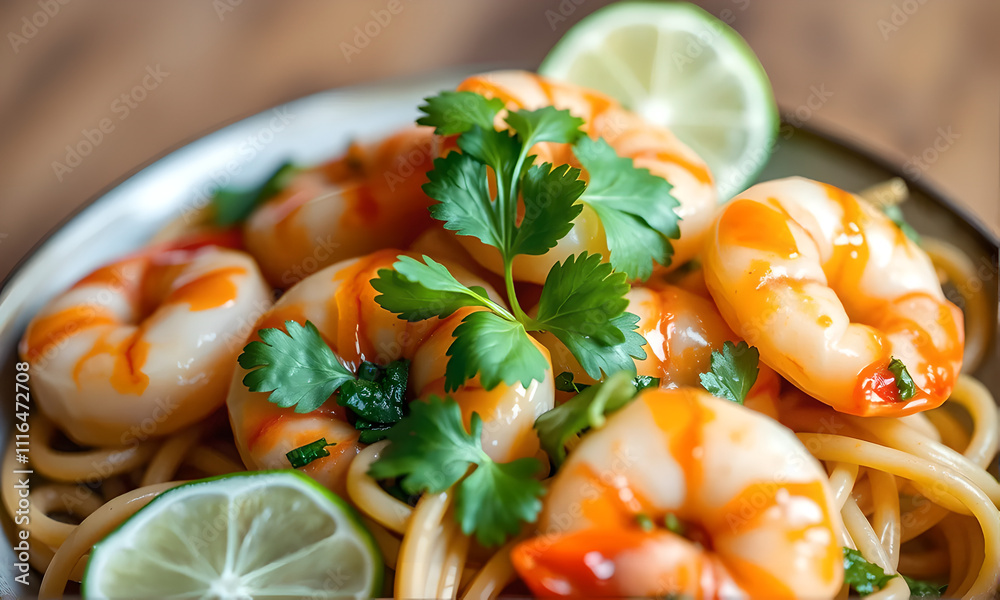 Poster A plate of shrimp and noodles with a garnish of parsley and lime. The shrimp are arranged in a way that they look like they are swimming in the noodles. The dish is colorful and appetizing