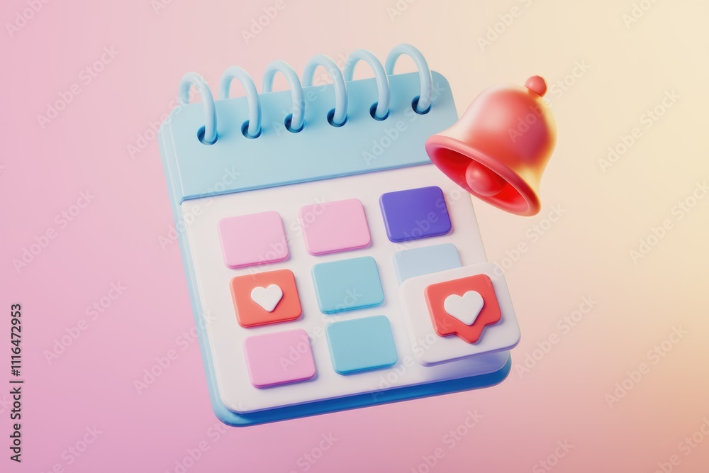 Poster 3d calendar with notification and like icons for reminders and social media engagement.