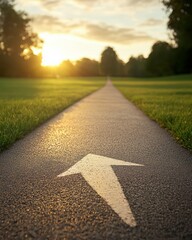 A tranquil scene of a pathway marked with an arrow, leading towards a golden sunset in a lush green park.