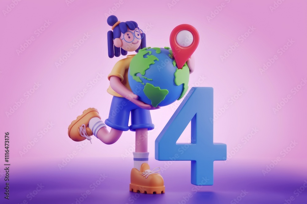 Poster a 3d cartoon girl holding a globe with a location pin standing next to the number 4.
