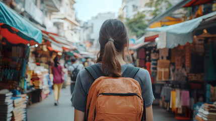 Obraz premium Woman with Backpack Exploring Asian Market