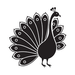 Peacock with its tail fanned out silhouette vector art black color design and solid white background 