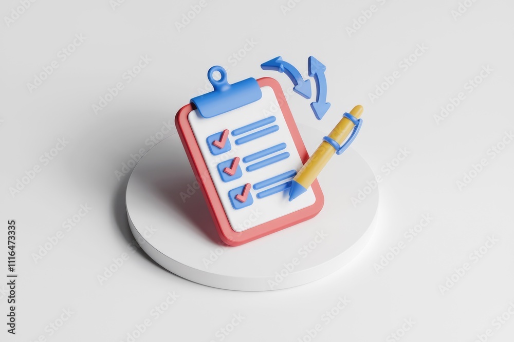 Poster 3D render of checklist with pen and arrows indicating progress and task management.