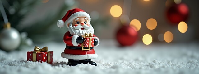 Santa Claus figurine with gifts on snowy surface