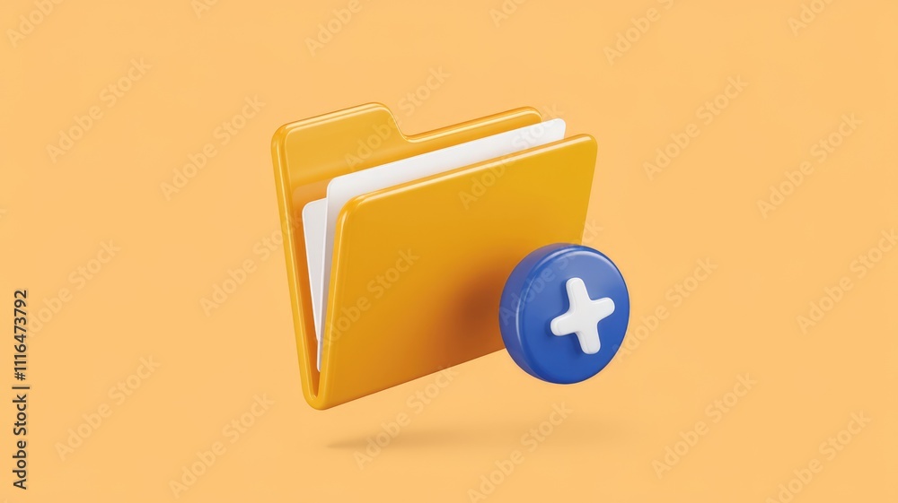Fototapete 3D render of yellow folder icon with blue plus button  symbolizing adding new files or documents.