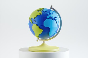 A stylized 3D model of a globe  showcasing continents in vibrant blue and green hues.