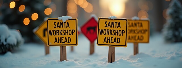 Santa Workshop Ahead signs in snowy Christmas scene
