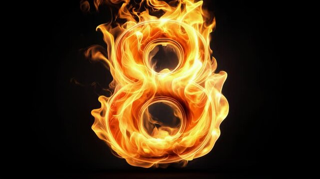 Flaming number eight on a black background with a dynamic flame effect