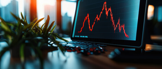 Human resources layoff concept. A laptop displays a fluctuating stock market graph, with a plant nearby, capturing a workspace atmosphere in a modern office.