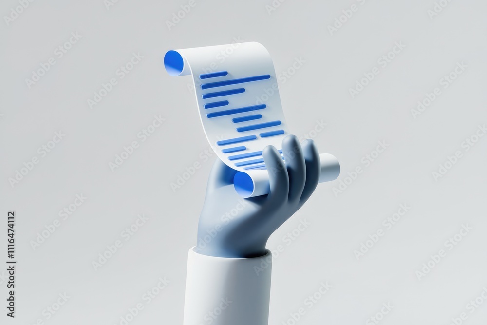 Poster A 3D rendered hand holds a scroll with blue lines  symbolizing data or information.
