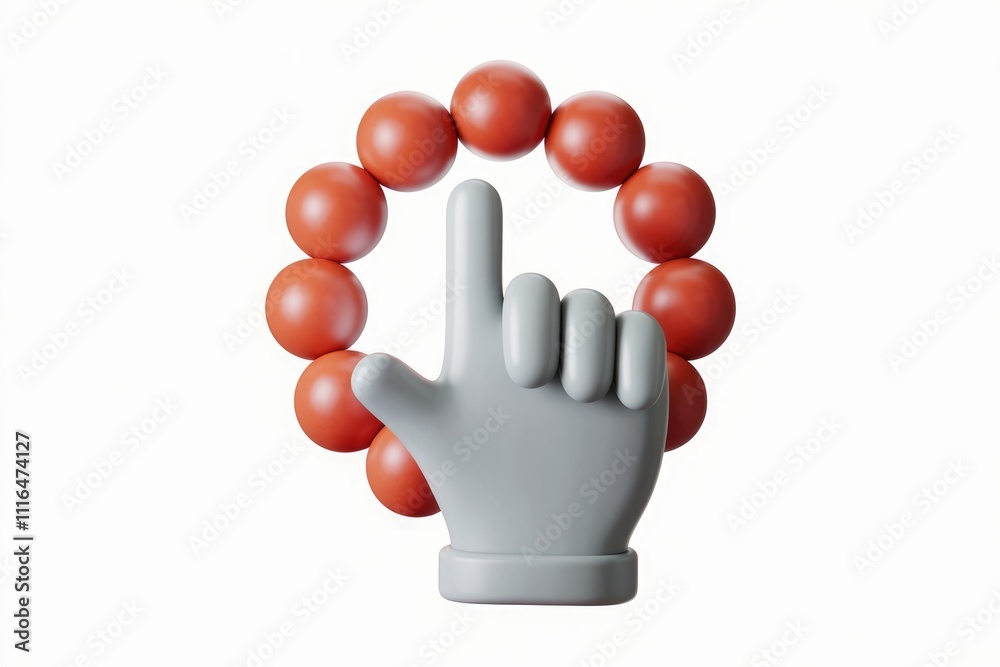 Poster Hand pointing at red balls in 3D render.