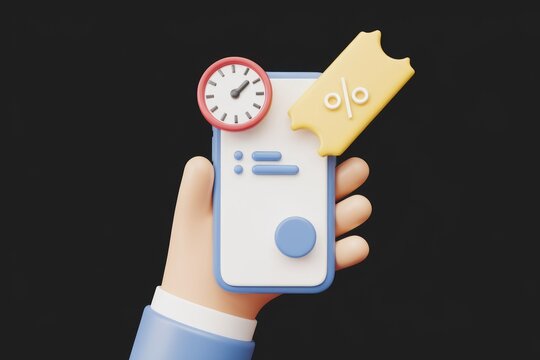 A hand holds a smartphone displaying a timer and discount coupon  symbolizing time limited offers.