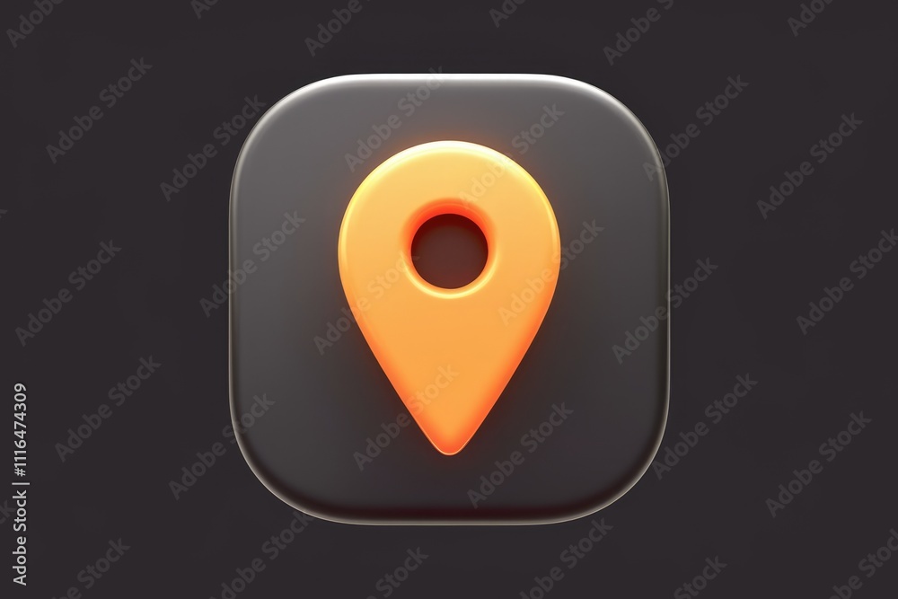 Poster 3d rendered orange location pin icon on a dark square button.