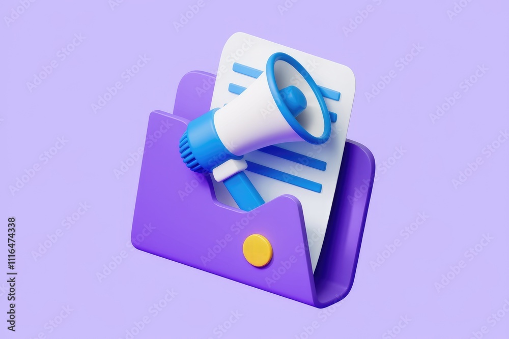Aufkleber announcing important news through a megaphone on a document inside a folder.