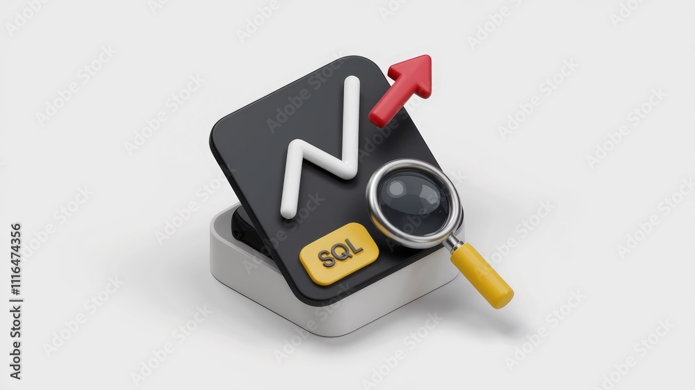 Poster SQL data analysis with upward trend visualized using a graph and magnifying glass.