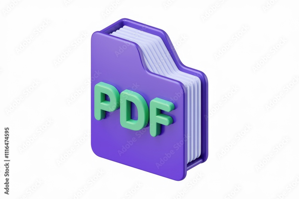 Poster 3D render of a purple PDF file folder icon   representing digital documents.