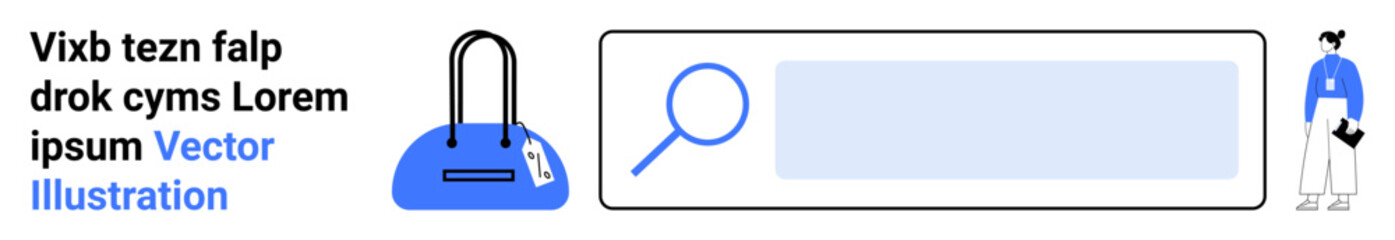 Magnifying glass on search bar, handbag with a tag, and person holding documents. Ideal for e-commerce, user interface design, online shopping, search engines, personal planning, mobile apps digital