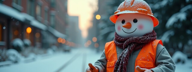 Smiling snowman in construction gear on snowy city street