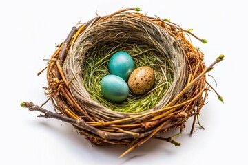 Obraz premium A solitary bird's nest against a white backdrop showcases nature’s beauty, highlighting nesting habitats, wildlife conservation, and organic textures, emphasizing environmental awareness and ornitholo