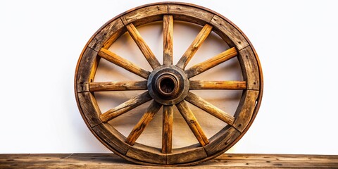 A solitary antique wooden wagon wheel against a white backdrop, ideal for rustic farmhouse decor, western aesthetics, and nostalgia-filled vintage collections, celebrating history and charm.