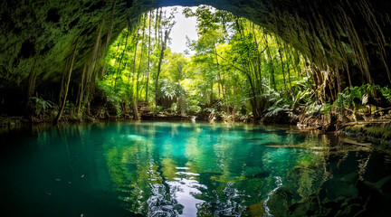 Fototapeta premium A wide-angle shot of a jungle-fringed cenote The crystal-clear pool reflects the surrounding greenery, with perfectly sharp focus and a balanced composition. 